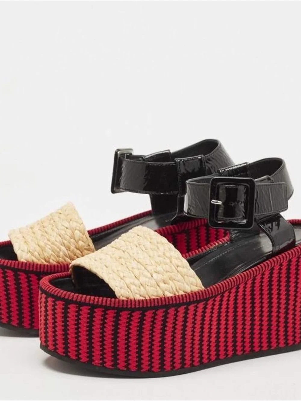 New Celine Red Woven Platform Sandals with Black Patent Ankle Strap 36/6
